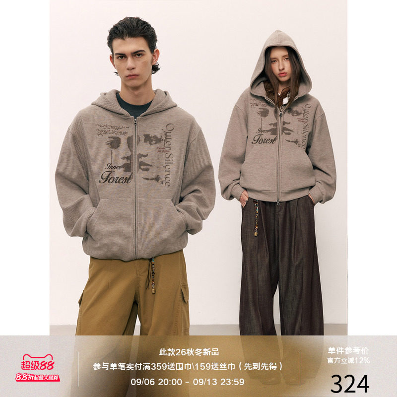 LR MADE 26AW 做旧华夫格肌理 虚幻人脸数码印花拉链连帽卫衣外套