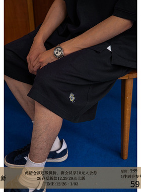 【限时特惠】LR MADE 21SS 简约日系宽松垂感双褶小刺绣抽绳短裤