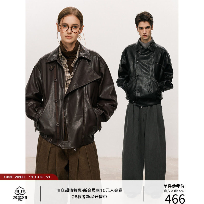 LR MADE 26AW 异形门档活片 斜织带纽扣 复古廓形PU皮衣夹克外套