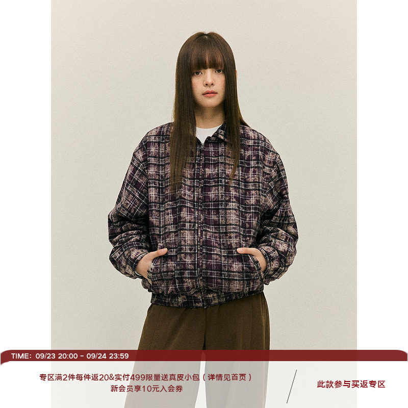 LR MADE 复古做旧褪色古着感格纹 绒感夹棉外套保暖棉服夹克