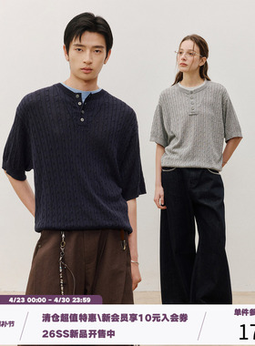 LR MADE 26SS 细坑条绞花 慵懒老钱 假两件亨利领针织衫短袖T恤