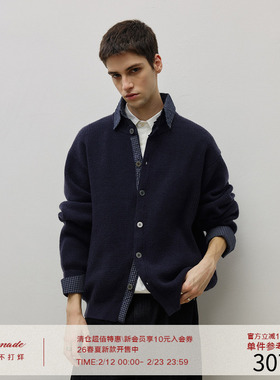 LR MADE 25AW 撞色拼接格纹布 假两件翻领绵羊毛保暖针织毛衣开衫