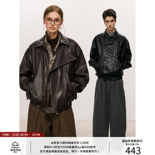 LR MADE 26AW 异形门档活片 斜织带纽扣 复古廓形PU皮衣夹克外套