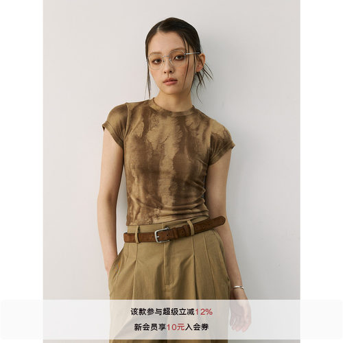 LR MADE 水波纹图案 正肩修身弹性甜辣 短款女装短袖T恤