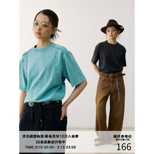 LR MADE 25SS 弧形飞边修饰肩线 洗水做旧褪色 复古宽松短袖T恤