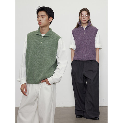 LR MADE 轻盈保暖羊驼毛感 彩纱针织立翻领半开衫马甲背心