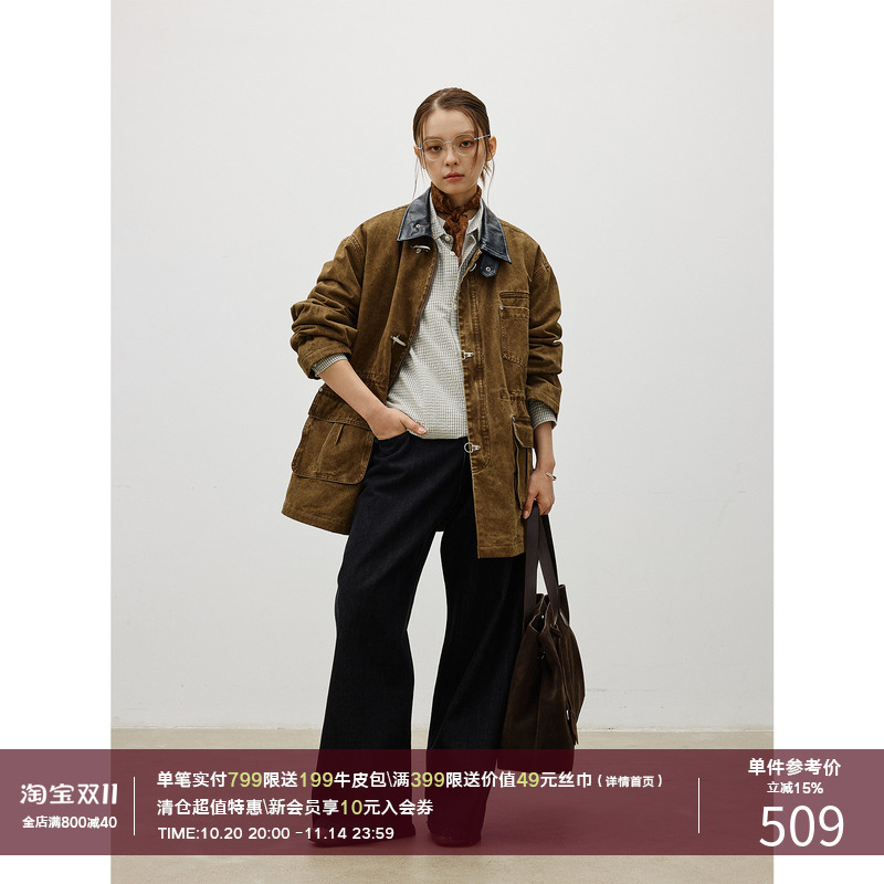 LR MADE 25AW 做旧复古 定制飞机扣 撞色皮领 中长款夹棉外套夹克