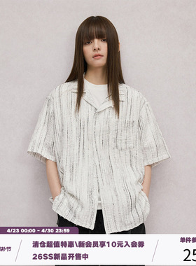 LR MADE 烧花破坏 条纹肌理印花 复古廓形古巴领短袖衬衫