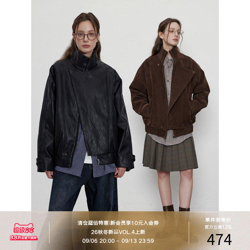 LR MADE 不对称活片门档 单面植绒/金属丝PU皮 复古夹克外套图片