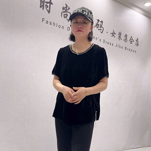 芮娜依莲1727夏季新款欧货丝绒短袖衫加大码女装胖妹妹显瘦气质衫