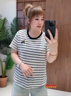 妃儿红6089夏季新款欧货减龄条纹短袖T恤加大码女装胖妹妹半袖衫