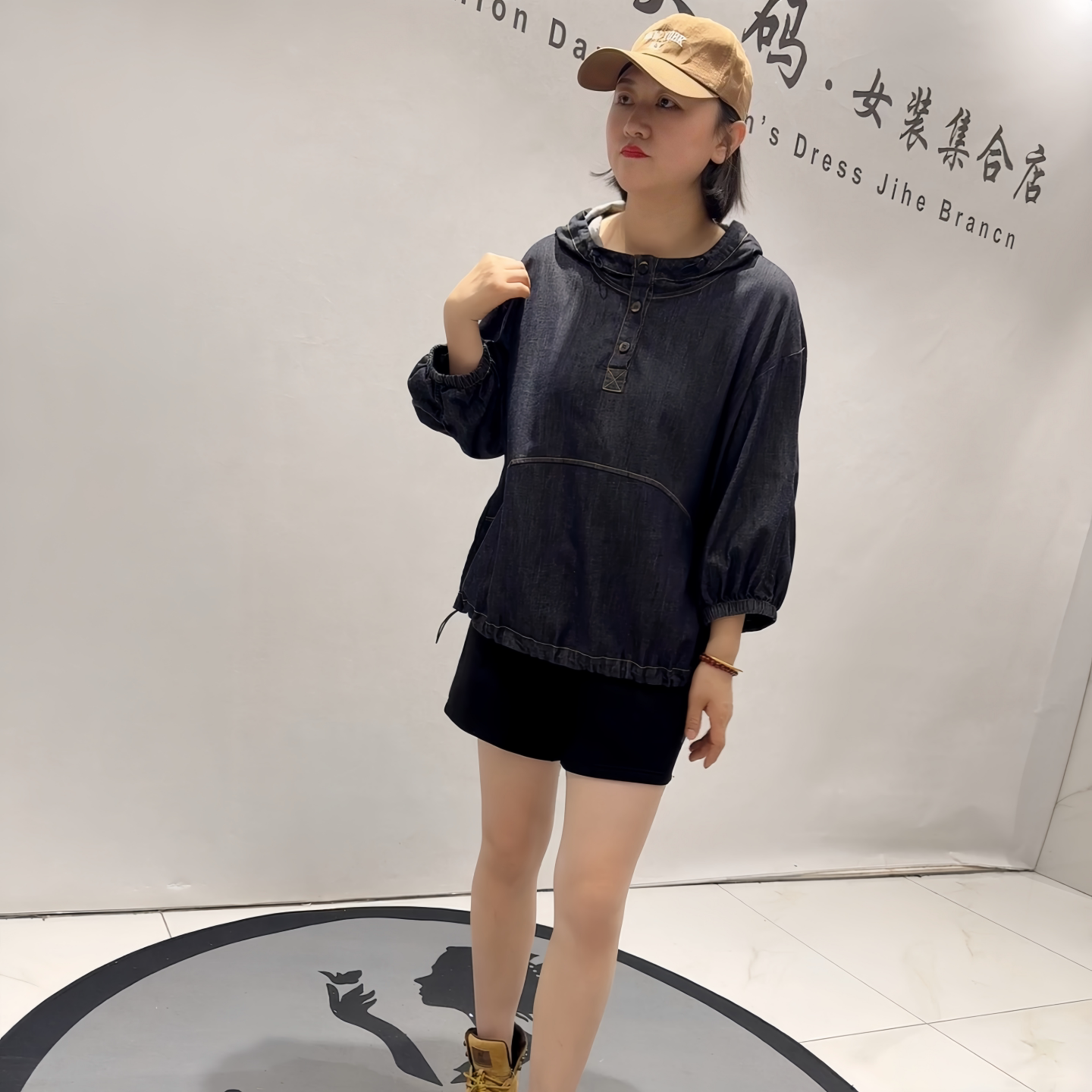 天骄一生水26255春季新款八分袖牛仔衫加大码女装胖妹妹百搭上衣