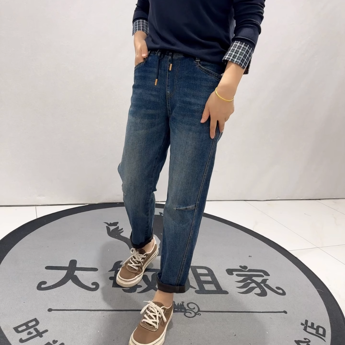 柏菲蒂秋冬款大码薄绒牛仔裤女裤