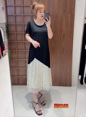 妃儿红6183夏季新款欧货减龄拼网纱连衣裙加大码女装胖妹妹休闲裙