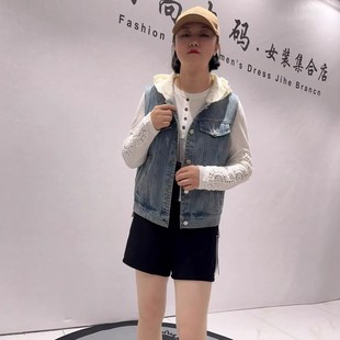 4055针丝缘子汇年货春款 胖妹妹减龄显瘦马甲 牛仔连帽马夹加大女装