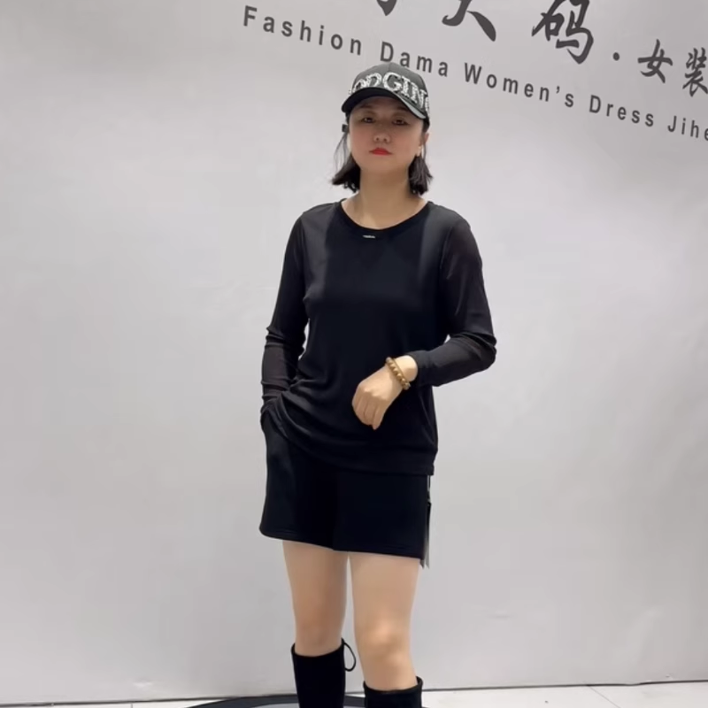 子汇秋冬新款大码圆领网纱打底衫