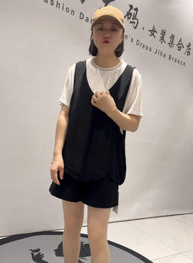 天骄一生水25208夏季新款欧货短袖加大码女装胖妹妹显瘦假两件衫