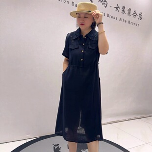 女权贵族31069夏季新款欧货麻料工装连衣裙加大码女装胖妹妹裙子