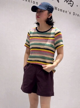 芮娜依莲5015夏季新款欧货条纹衫加大码女装胖妹妹宽松显瘦减龄T