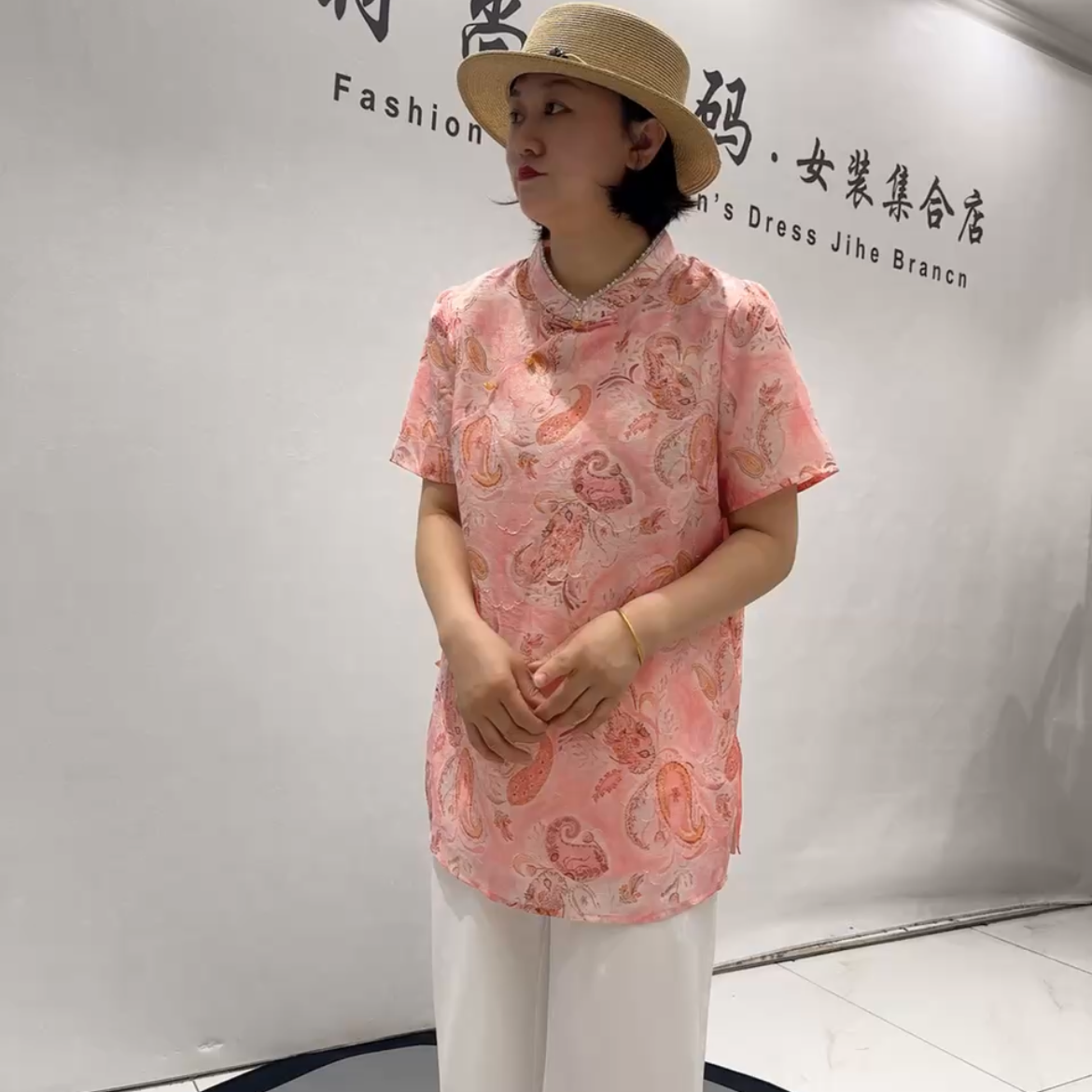 芮娜依莲5155夏季新款欧货旗袍衫短袖加大码女装胖妹妹显瘦气质衫