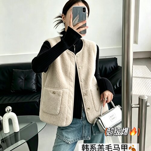妃儿红秋冬新款大码羔毛马夹外套