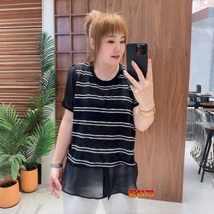 妃儿红6179夏季新款欧货减龄假两件短袖衫加大码女装胖妹妹上衣女