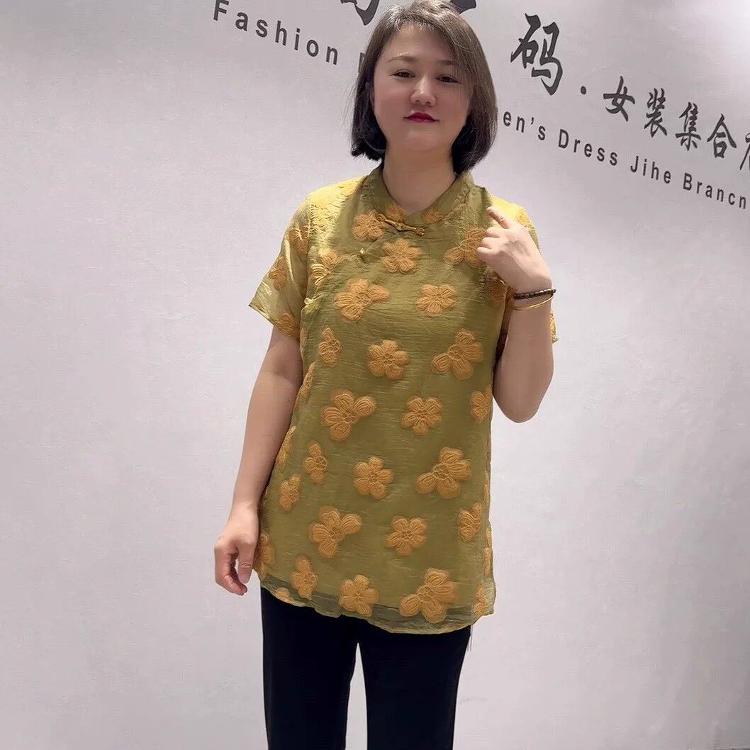 女权贵族3913夏季新款欧货国风短袖加大码女装胖妹妹显瘦旗袍衫女