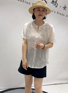 芮娜依莲1885夏季新款欧货麻料短袖衫加大码女装胖妹妹显瘦气质衫