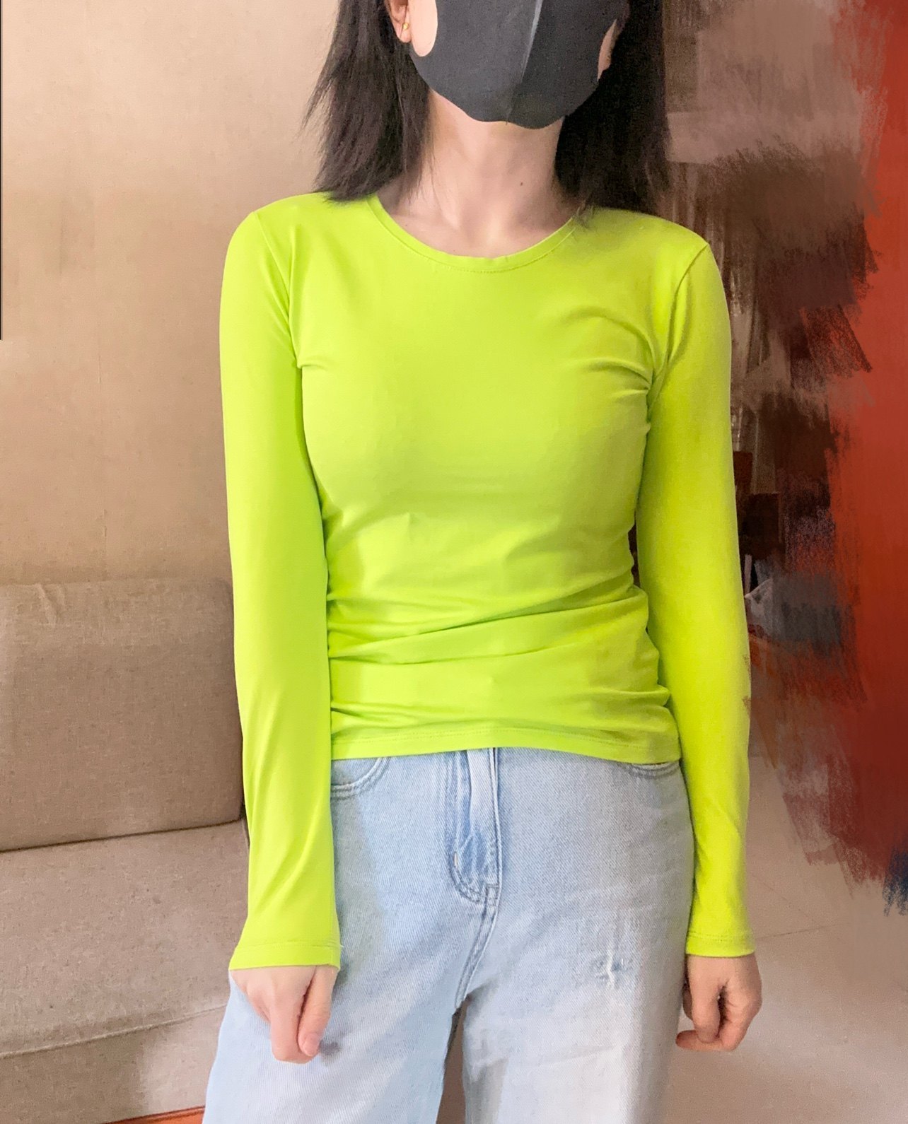 小版紧身弹力T恤女荧光色长袖小衫再穿ins