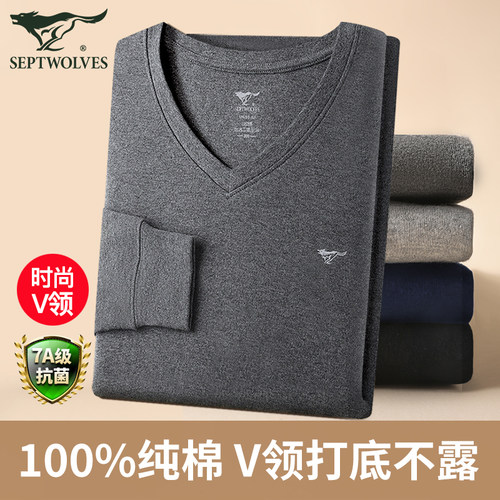 七匹狼纯棉时尚V领打底秋衣男款