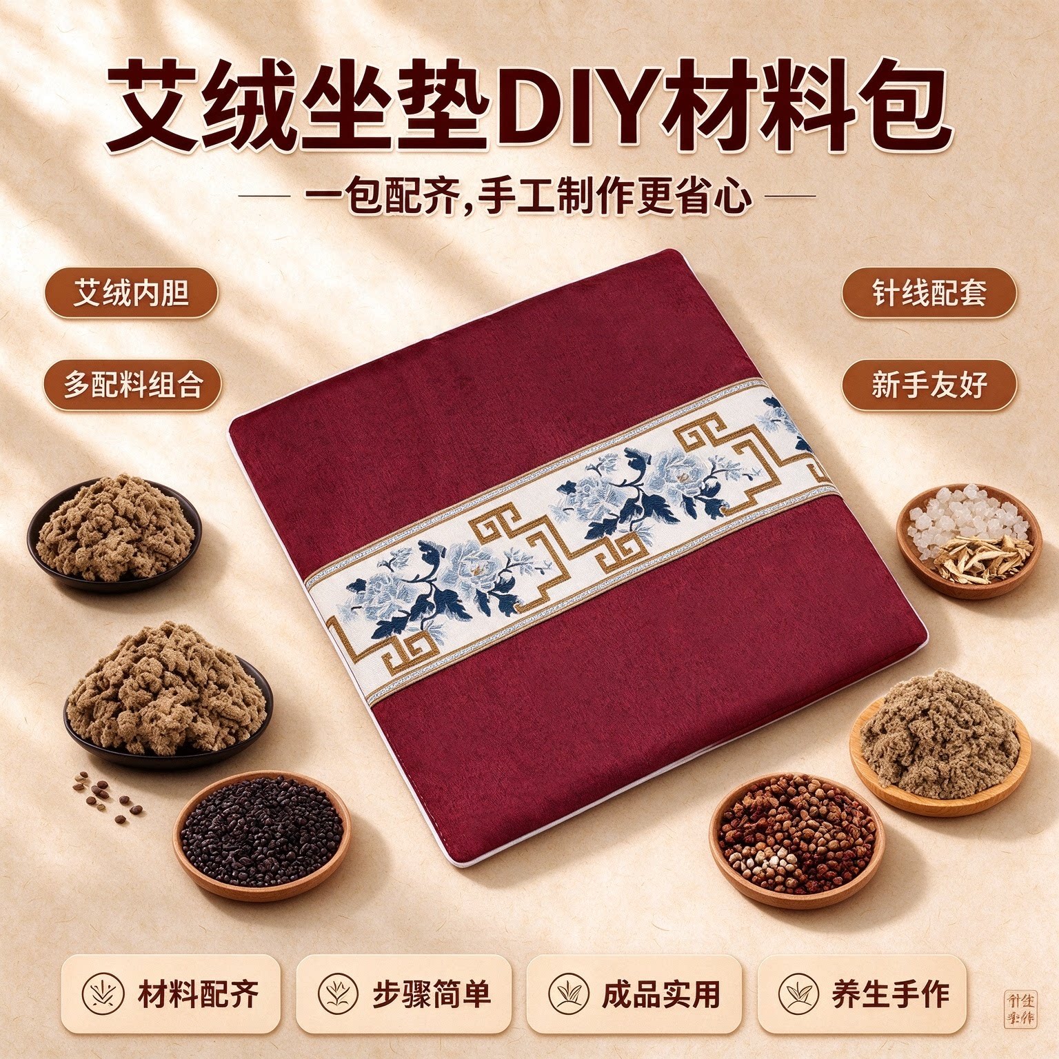 重阳节手工艾绒养生坐垫diy材料艾草中药海盐座垫子老人社区活动