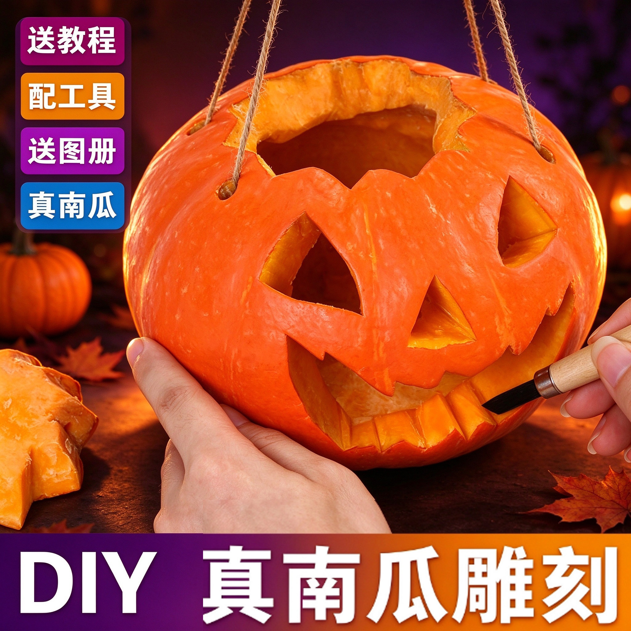 万圣节雕刻真南瓜灯笼diy手工雕瓜灯工具制作小猫咪南瓜灯材料包