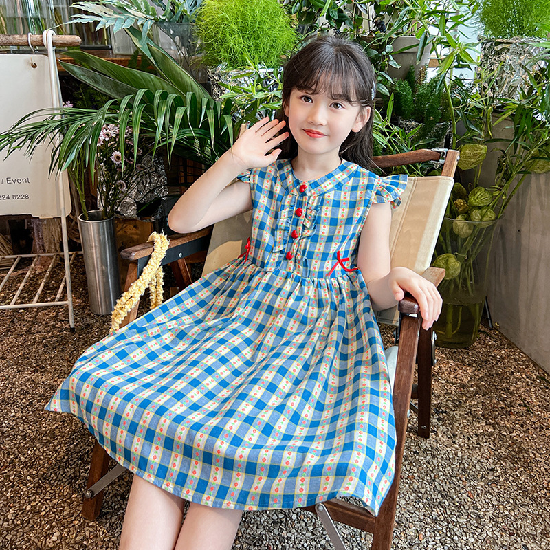 夏季女童连衣裙纯棉儿童裙子2025新款洋气女孩韩版棉布格子休闲裙