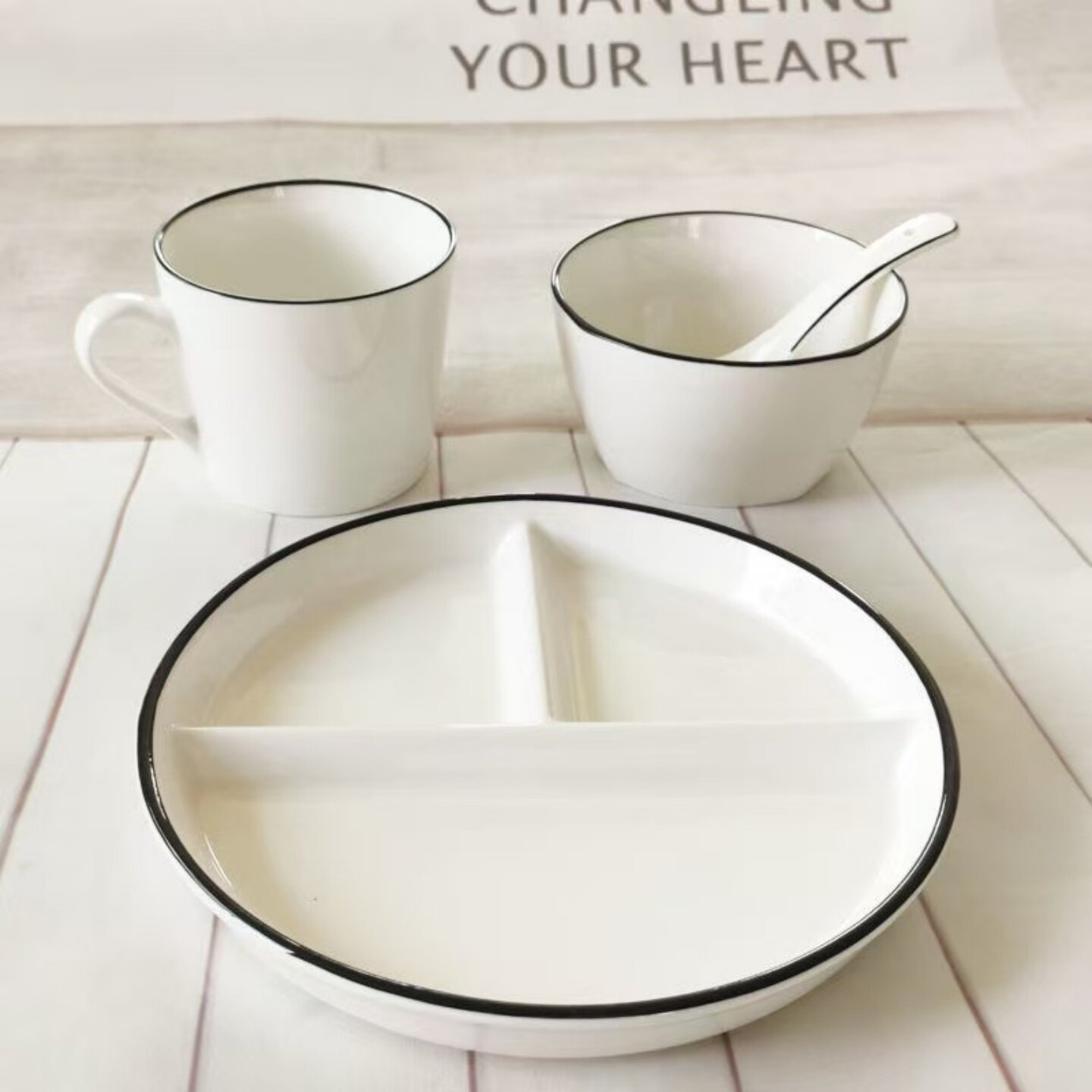 陶瓷盘子一人食家用早餐盘快餐店饭盘三格分餐盘碟子汤碗餐具套装,餐饮具,盘,淘宝优惠券,粉丝福利购,淘宝优惠卷