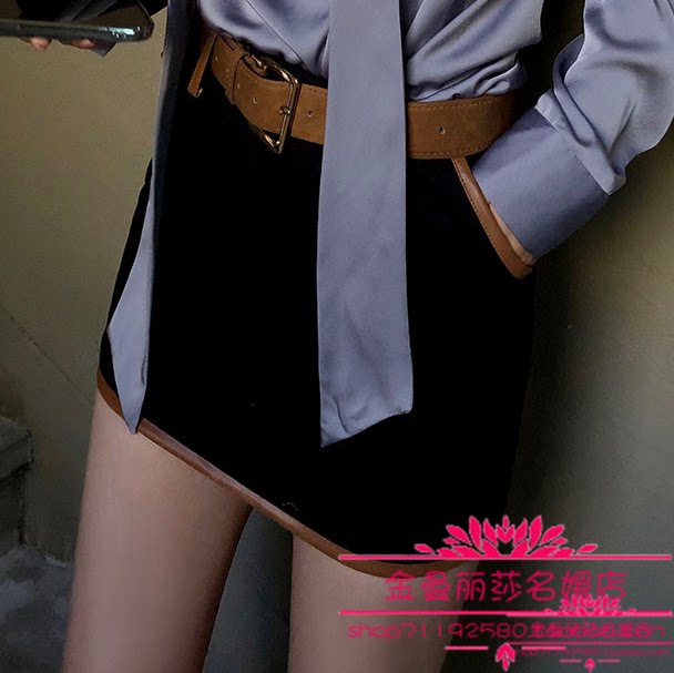 韩国官网正品代购2025年冬季新款气质时尚皮带束腰拼色勾边半身裙