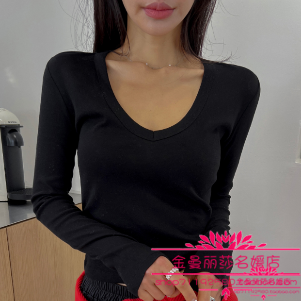 韩国官网正品代购2026年早春款气质大V领时尚简约百搭修身显瘦T恤