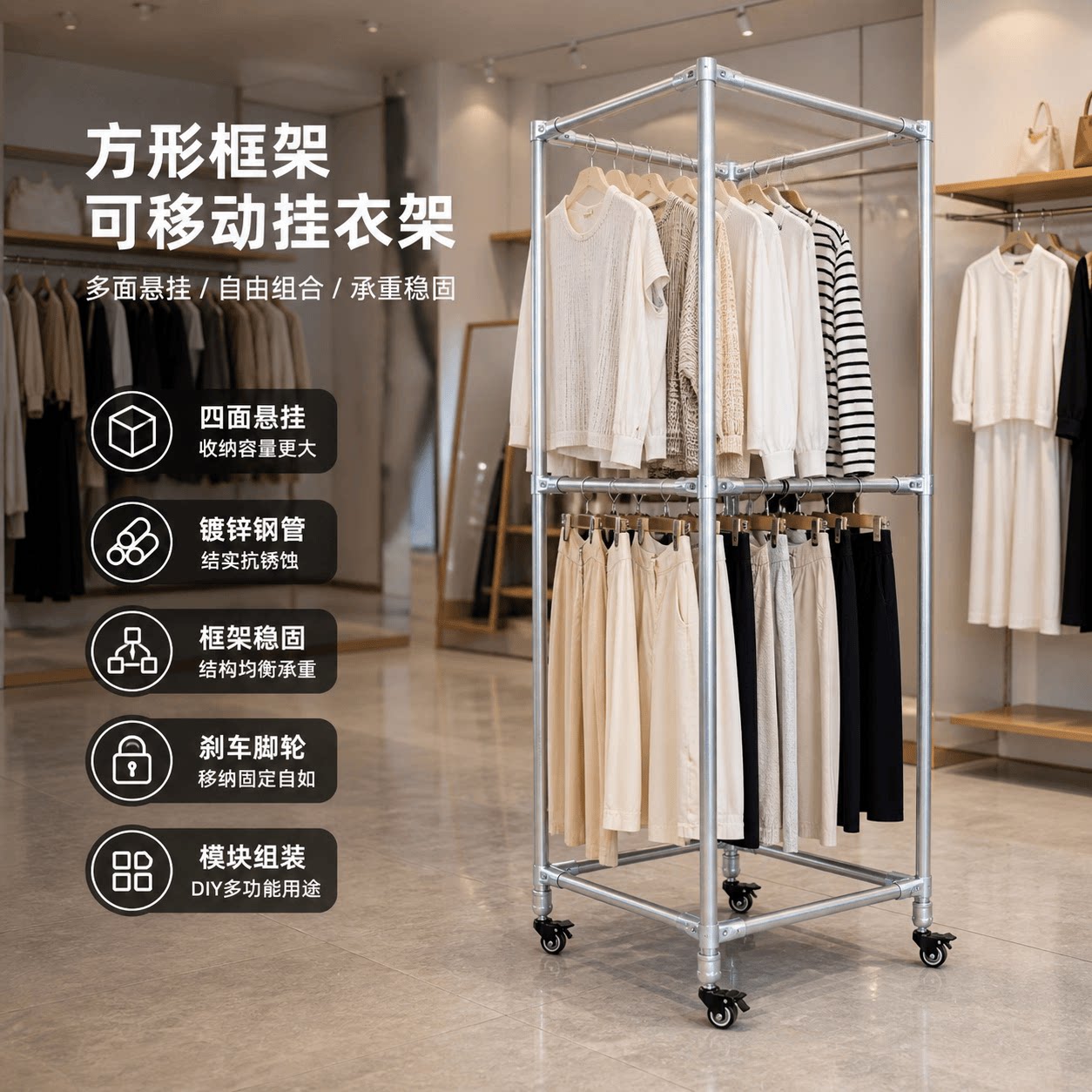 双层四方镀锌钢管带轮晾晒挂衣架图片