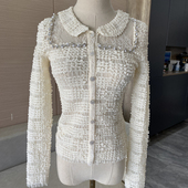 重工钉珠钻扣肌理复古时髦高级感网纱蕾丝拼接翻领小衫 蕾丝衫 上衣