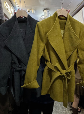 2025冬季新款大翻领灰色百搭毛呢大衣外套女绑带收腰短款风衣潮