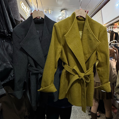 大翻领灰色百搭毛呢大衣外套女