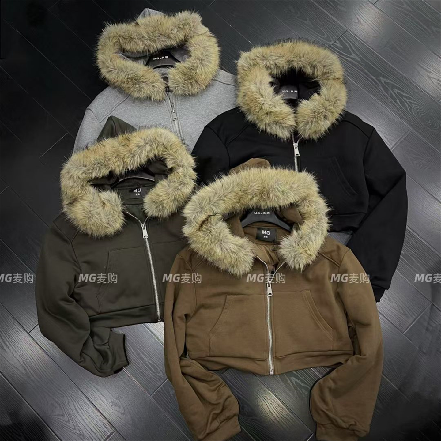 20025冬韩版宽松休闲仿真环保狐狸毛领加厚羽绒内胆短款卫衣外套