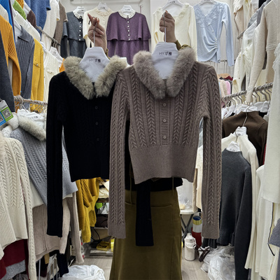 设计感可拆卸毛领修身显瘦麻花高级感短款辣妹韩系纯欲针织衫毛衣