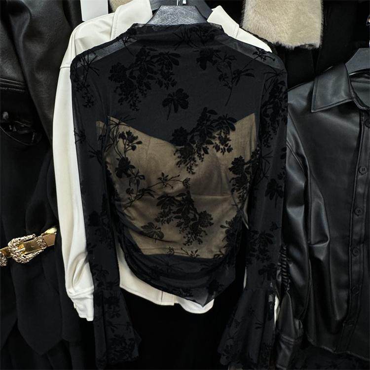 植绒提花网纱拼接半高领蕾丝衫轻熟纯欲风喇叭袖上衣微透打底衫,女装/女士精品,T恤,淘宝优惠券,粉丝福利购,淘宝优惠卷