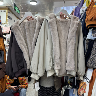 韩版 时髦环保貂绒软糯双面穿派克服女2025冬休闲气质保暖连帽外套