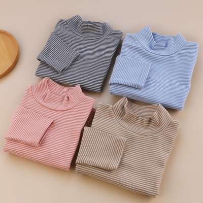 儿童磨毛厚德绒T恤秋冬男女童保暖半高领条纹打底衫宝宝百搭秋衣