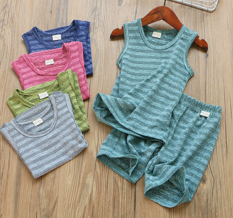 儿童速干网眼背心短裤套装夏男女童条纹无袖T恤五分中裤运动套服