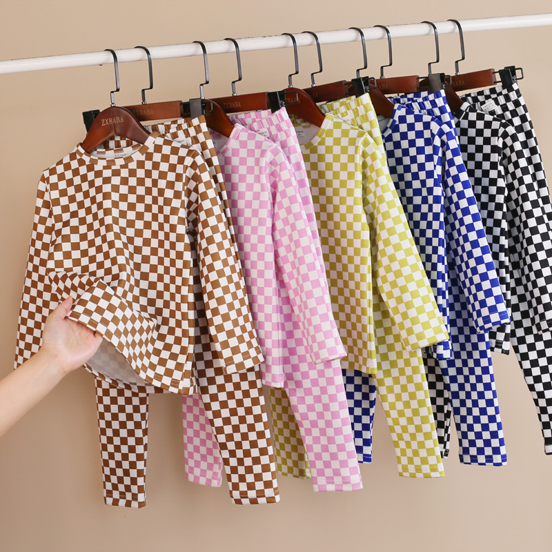 儿童双面德绒棋盘格家居服套装
