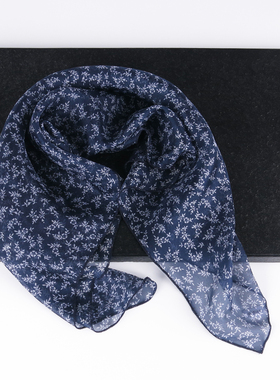 藏蓝色碎花小方巾丝巾女2025新款春秋冬季纱巾100%桑蚕丝真丝围巾