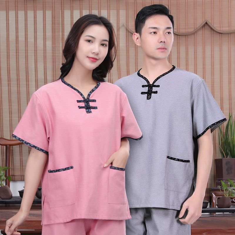 合逸衣中式棉麻男女汗蒸服 中国风养生足浴服 浴衣按摩服套装cm04