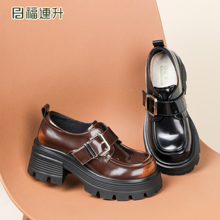 福连升2025春季新皮带扣圆头松糕厚底小皮鞋女英伦乐福鞋60368024